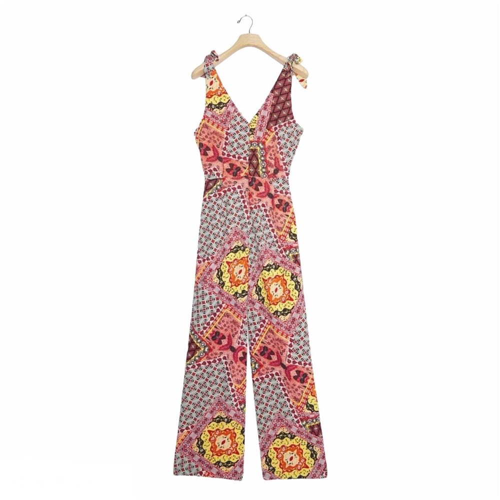 Anthropologie Harlyn Size Small Mairi Jumpsuit Sky Abstract Tie-Shoulder Wrap